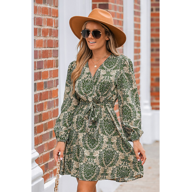 Ornate Print Belted Mini Dress